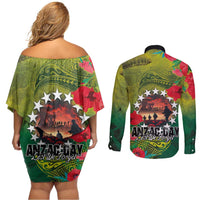 Cook Islands ANDAC Day Couples Matching Off Shoulder Short Dress and Long Sleeve Button Shirt Honor and Remember Soliders-Forever in My Thoughts Grunge Style