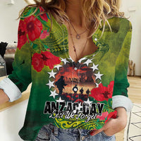 Cook Islands ANDAC Day Women Casual Shirt Honor and Remember Soliders-Forever in My Thoughts Grunge Style LT03 Female Green-Yellow - Polynesian Pride