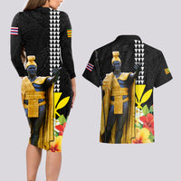 Hawaii King Kamehameha Day Couples Matching Long Sleeve Bodycon Dress and Hawaiian Shirt Kanaka Maoli Hibiscus Flower and Kakau Pattern
