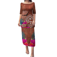 Chamorro Biba Guam Puletasi Latte Stone Tribal and Hibiscus Flower Tapa Pattern LT03 Long Dress Brown - Polynesian Pride