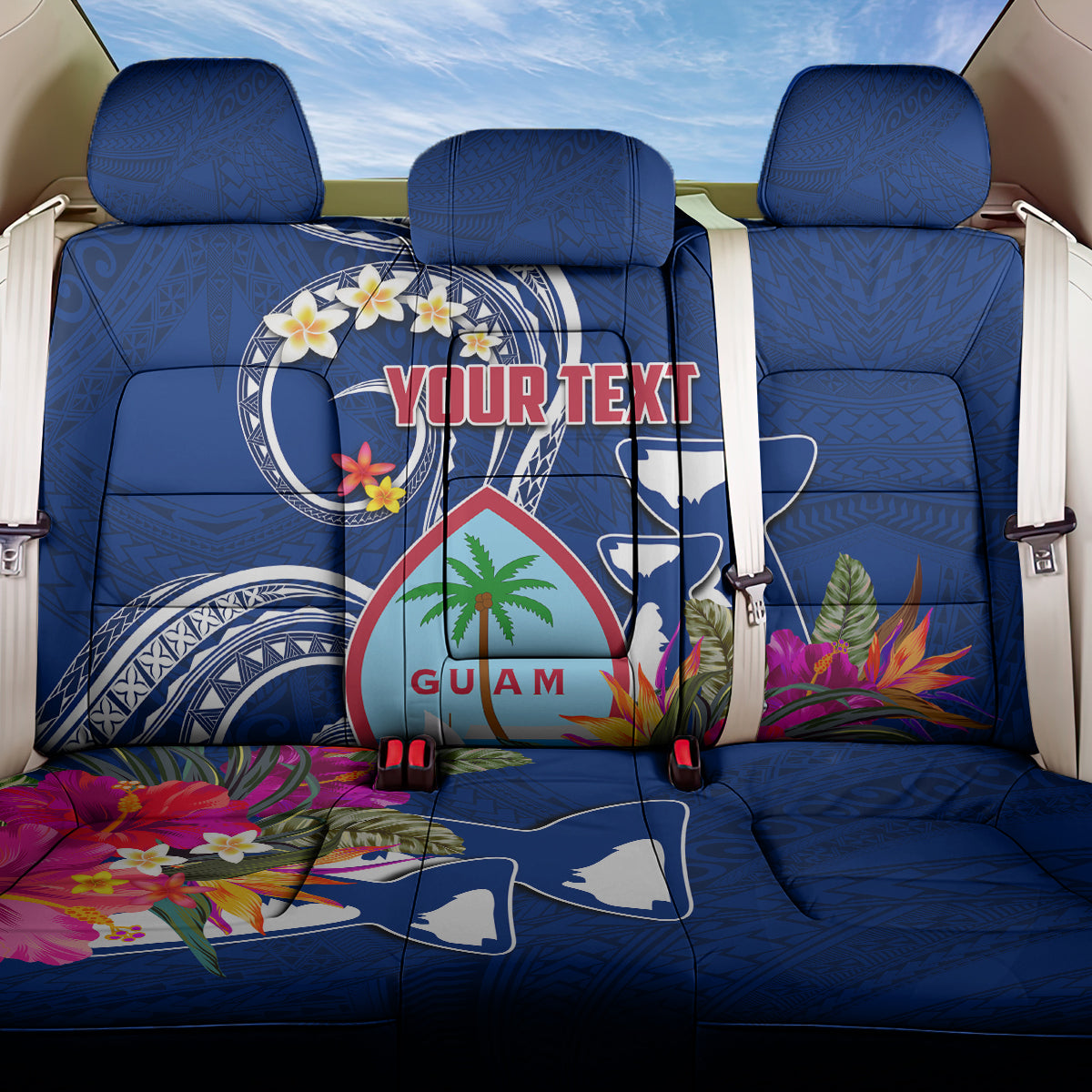 Personalised Guam Liberation Back Car Seat Cover Latte Stone and Guahan Seal Jungle Flower