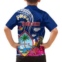 Guam Liberation Family Matching Off The Shoulder Long Sleeve Dress and Hawaiian Shirt Latte Stone and Guahan Seal Jungle Flower