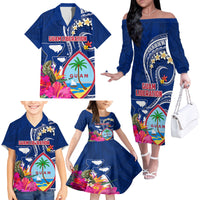 Guam Liberation Family Matching Off The Shoulder Long Sleeve Dress and Hawaiian Shirt Latte Stone and Guahan Seal Jungle Flower