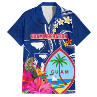 Personalised Guam Liberation Family Matching Puletasi and Hawaiian Shirt Latte Stone and Guahan Seal Jungle Flower LT03 Dad's Shirt - Short Sleeve Blue - Polynesian Pride