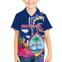 Personalised Guam Liberation Family Matching Puletasi and Hawaiian Shirt Latte Stone and Guahan Seal Jungle Flower LT03 Son's Shirt Blue - Polynesian Pride