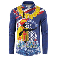 Hawaii King Kamehameha Day Button Sweatshirt Lei Sea Waves Polynesian Tapa Pattern