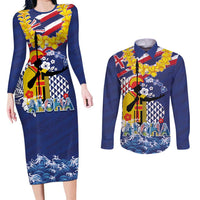 Hawaii King Kamehameha Day Couples Matching Long Sleeve Bodycon Dress and Long Sleeve Button Shirt Lei Sea Waves Polynesian Tapa Pattern