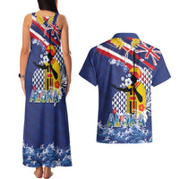 Hawaii King Kamehameha Day Couples Matching Tank Maxi Dress and Hawaiian Shirt Lei Sea Waves Polynesian Tapa Pattern