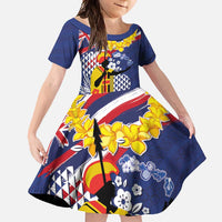 Hawaii King Kamehameha Day Family Matching Off Shoulder Maxi Dress and Hawaiian Shirt Lei Sea Waves Polynesian Tapa Pattern