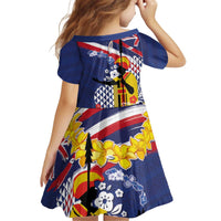 Hawaii King Kamehameha Day Kid Short Sleeve Dress Lei Sea Waves Polynesian Tapa Pattern