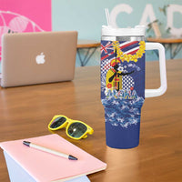 Hawaii King Kamehameha Day Tumbler With Handle Lei Sea Waves Polynesian Tapa Pattern