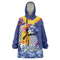 Hawaii King Kamehameha Day Wearable Blanket Hoodie Lei Sea Waves Polynesian Tapa Pattern