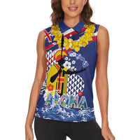 Hawaii King Kamehameha Day Women Sleeveless Polo Shirt Lei Sea Waves Polynesian Tapa Pattern