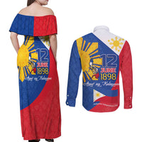 Philippines Independence Day Couples Matching Off Shoulder Maxi Dress and Long Sleeve Button Shirt Araw ng Kalayaan Polynesian Sun and YAKAN Pattern