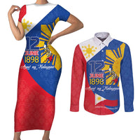 Philippines Independence Day Couples Matching Short Sleeve Bodycon Dress and Long Sleeve Button Shirt Araw ng Kalayaan Polynesian Sun and YAKAN Pattern
