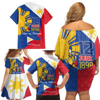 Philippines Independence Day Family Matching Off Shoulder Short Dress and Hawaiian Shirt Araw ng Kalayaan Polynesian Sun and YAKAN Pattern