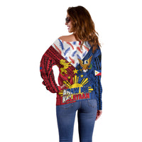 Philippines Independence Day 126th Anniversary Off Shoulder Sweater Polynesian Pattern National Flag Style
