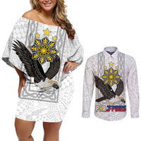 Philippines Eagle Week Couples Matching Off Shoulder Short Dress and Long Sleeve Button Shirt Polynesian Pattern Barong Style LT03 White - Polynesian Pride