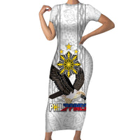 Philippines Eagle Week Short Sleeve Bodycon Dress Polynesian Pattern Barong Style LT03 Long Dress White - Polynesian Pride