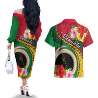 Vanuatu Tribal Boar Tusk Couples Matching Off The Shoulder Long Sleeve Dress and Hawaiian Shirt Tropical Plants with Namele and Melanesian Pattern