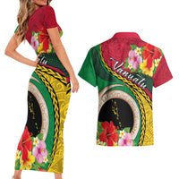 Vanuatu Tribal Boar Tusk Couples Matching Short Sleeve Bodycon Dress and Hawaiian Shirt Tropical Plants with Namele and Melanesian Pattern