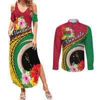 Vanuatu Tribal Boar Tusk Couples Matching Summer Maxi Dress and Long Sleeve Button Shirt Tropical Plants with Namele and Melanesian Pattern