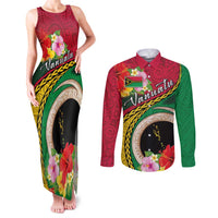 Vanuatu Tribal Boar Tusk Couples Matching Tank Maxi Dress and Long Sleeve Button Shirt Tropical Plants with Namele and Melanesian Pattern
