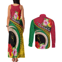 Vanuatu Tribal Boar Tusk Couples Matching Tank Maxi Dress and Long Sleeve Button Shirt Tropical Plants with Namele and Melanesian Pattern