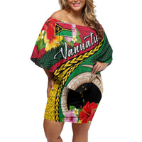 Vanuatu Tribal Boar Tusk Family Matching Off Shoulder Short Dress and Hawaiian Shirt Tropical Plants with Namele and Melanesian Pattern