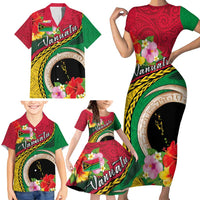 Vanuatu Tribal Boar Tusk Family Matching Short Sleeve Bodycon Dress and Hawaiian Shirt Tropical Plants with Namele and Melanesian Pattern
