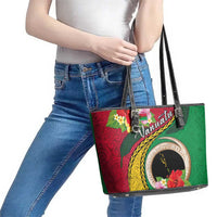 Vanuatu Tribal Boar Tusk Leather Tote Bag Tropical Plants with Namele and Melanesian Pattern