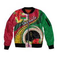 Vanuatu Tribal Boar Tusk Sleeve Zip Bomber Jacket Tropical Plants with Namele and Melanesian Pattern LT03 Unisex Red - Polynesian Pride