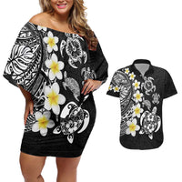 Hawaiian Plumeria Turtles Couples Matching Off Shoulder Short Dress and Hawaiian Shirt Polynesian Art Tattoo