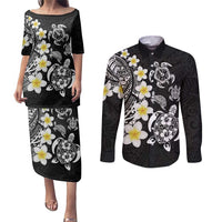 Hawaiian Plumeria Turtles Couples Matching Puletasi and Long Sleeve Button Shirt Polynesian Art Tattoo
