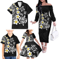 Hawaiian Plumeria Turtles Family Matching Off The Shoulder Long Sleeve Dress and Hawaiian Shirt Polynesian Art Tattoo