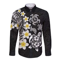 Hawaiian Plumeria Turtles Long Sleeve Button Shirt Polynesian Art Tattoo