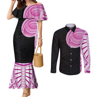 Samoan Art Tattoo Polynesian Pattern Couples Matching Mermaid Dress and Long Sleeve Button Shirt Pink Out Color