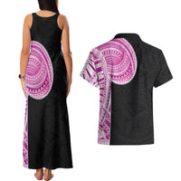 Samoan Art Tattoo Polynesian Pattern Couples Matching Tank Maxi Dress and Hawaiian Shirt Pink Out Color