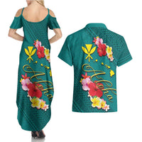 Aloha Kanaka Maoli Hawaii Flowers Couples Matching Summer Maxi Dress and Hawaiian Shirt With Polynesian Pattern Teal Color