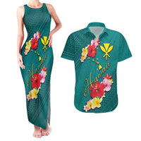 Aloha Kanaka Maoli Hawaii Flowers Couples Matching Tank Maxi Dress and Hawaiian Shirt With Polynesian Pattern Teal Color