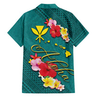Aloha Kanaka Maoli Hawaii Flowers Family Matching Off The Shoulder Long Sleeve Dress and Hawaiian Shirt With Polynesian Pattern Teal Color