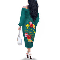 Aloha Kanaka Maoli Hawaii Flowers Family Matching Off The Shoulder Long Sleeve Dress and Hawaiian Shirt With Polynesian Pattern Teal Color