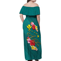 Aloha Kanaka Maoli Hawaii Flowers Family Matching Off Shoulder Maxi Dress and Hawaiian Shirt With Polynesian Pattern Teal Color
