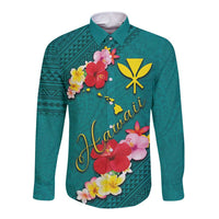 Aloha Kanaka Maoli Hawaii Flowers Long Sleeve Button Shirt With Polynesian Pattern Teal Color