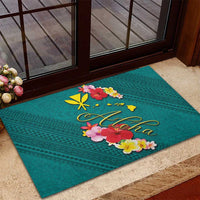 Aloha Kanaka Maoli Hawaii Flowers Rubber Doormat With Polynesian Pattern Teal Color