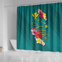 Aloha Kanaka Maoli Hawaii Flowers Shower Curtain With Polynesian Pattern Teal Color