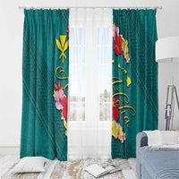 Aloha Kanaka Maoli Hawaii Flowers Window Curtain With Polynesian Pattern Teal Color