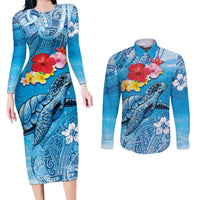 Hawaii Sea Turtle and Tropical Flowers Couples Matching Long Sleeve Bodycon Dress and Long Sleeve Button Shirt Polynesian Tattoo Undersea Vibe