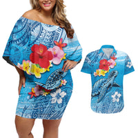 Hawaii Sea Turtle and Tropical Flowers Couples Matching Off Shoulder Short Dress and Hawaiian Shirt Polynesian Tattoo Undersea Vibe