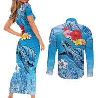 Hawaii Sea Turtle and Tropical Flowers Couples Matching Short Sleeve Bodycon Dress and Long Sleeve Button Shirt Polynesian Tattoo Undersea Vibe